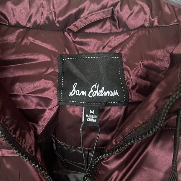 Brand New Sam Edelman Hooded Funnel Zippered Puffer Coat Jacket Burgundy Sheen - Picture 7 of 13